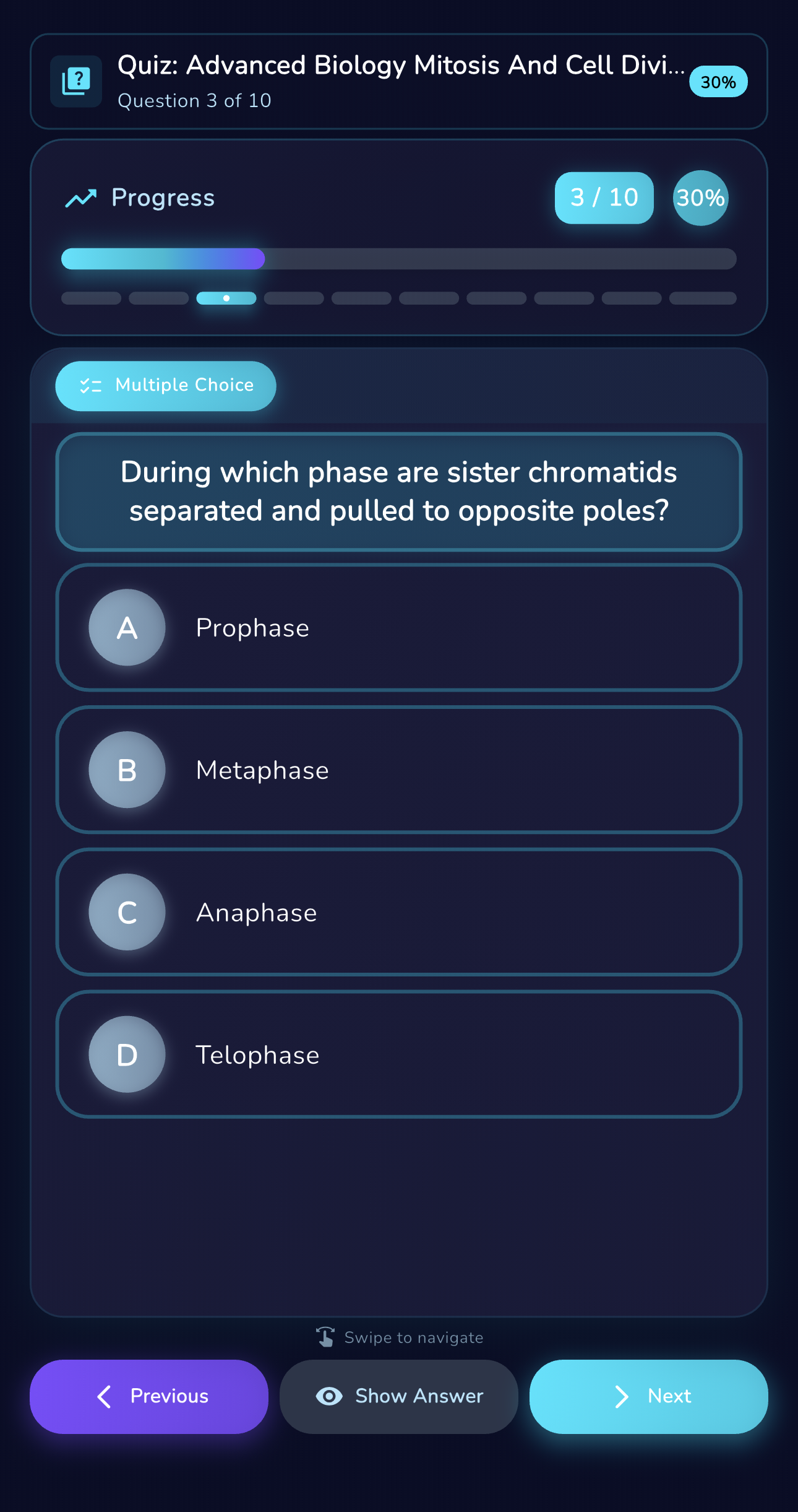 Quiz progress and multiple-choice screen
